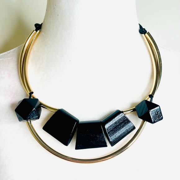 Large Gold Tone Layered Tube Chains Large Black Beads Necklace - Picture 1 of 2